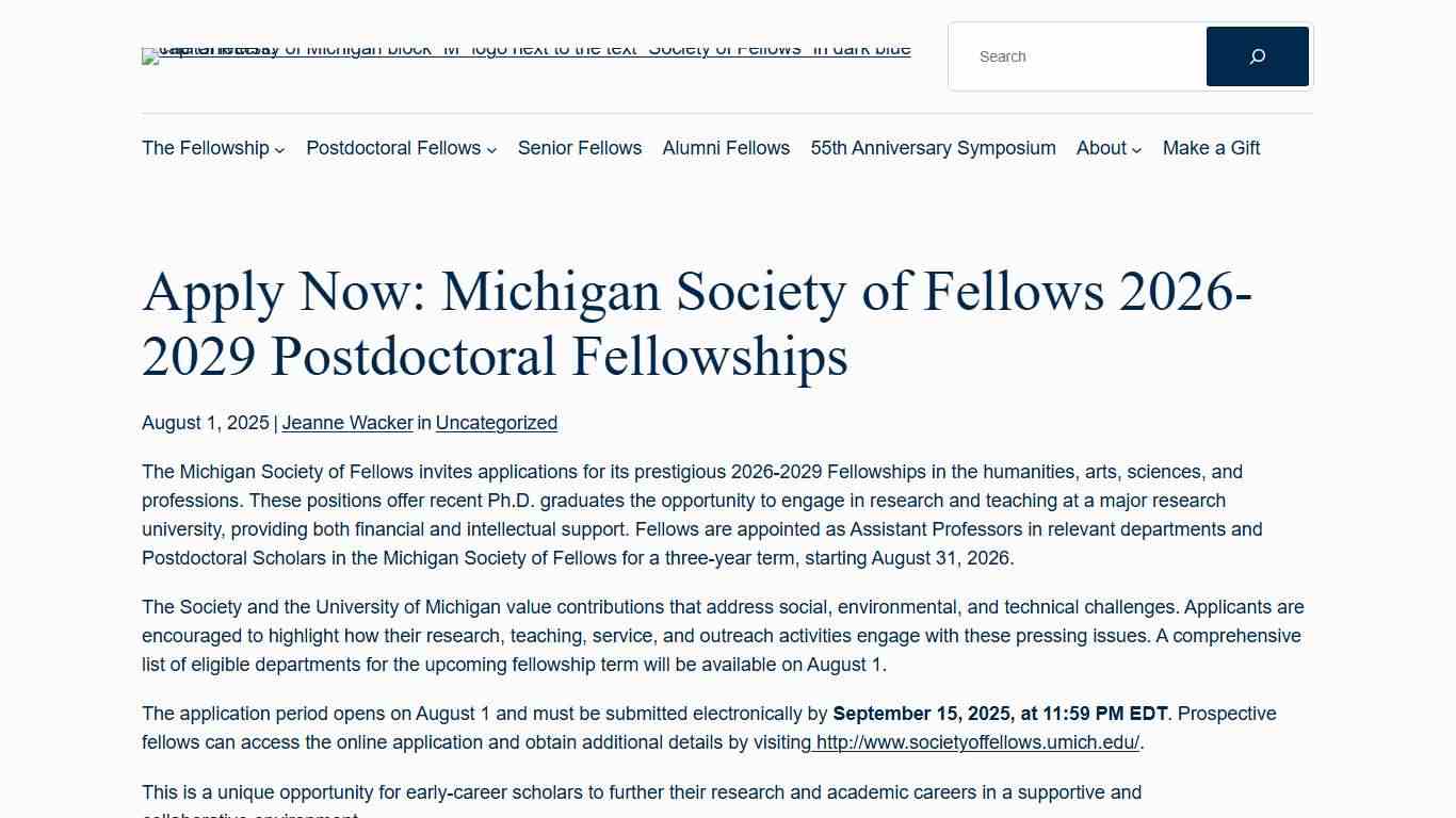 Apply Now: Michigan Society of Fellows 2026-2029 Postdoctoral Fellowships – University of Michigan Society of Fellows, Established 1970