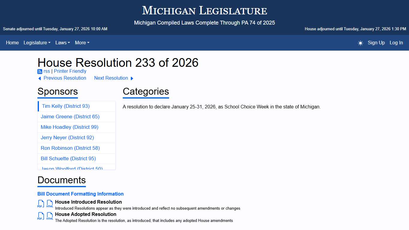 House Resolution 233 of 2026 - Michigan Legislature